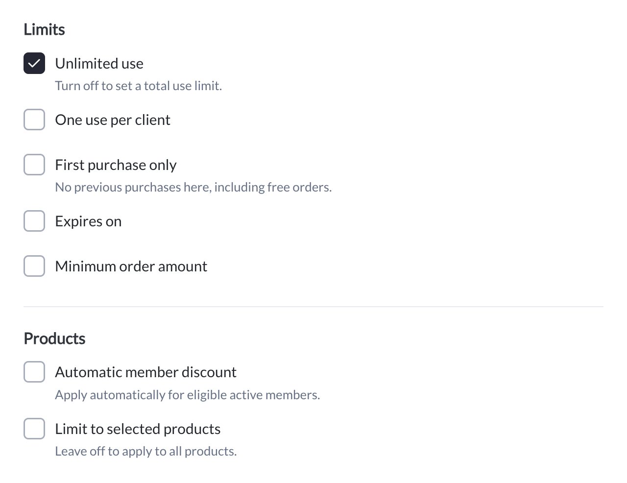 New coupon builder showing use limits, expiry, minimum order, automatic member discount and product restrictions