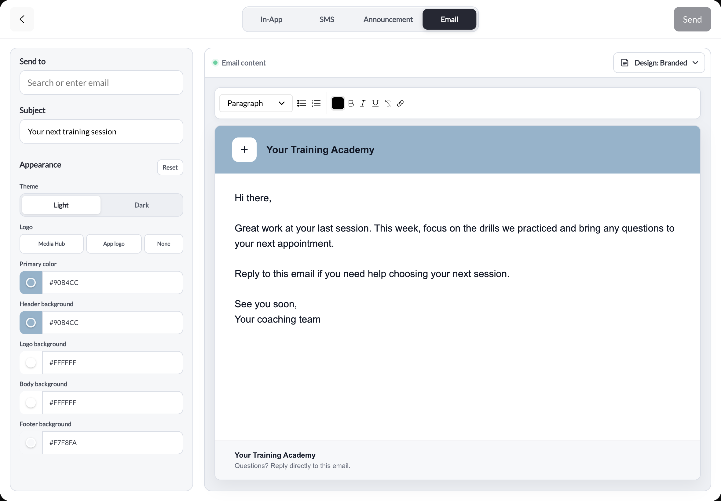 CoachIQ Email composer with Branded selected, subject field, appearance controls, editable header and footer, and a sample session follow-up