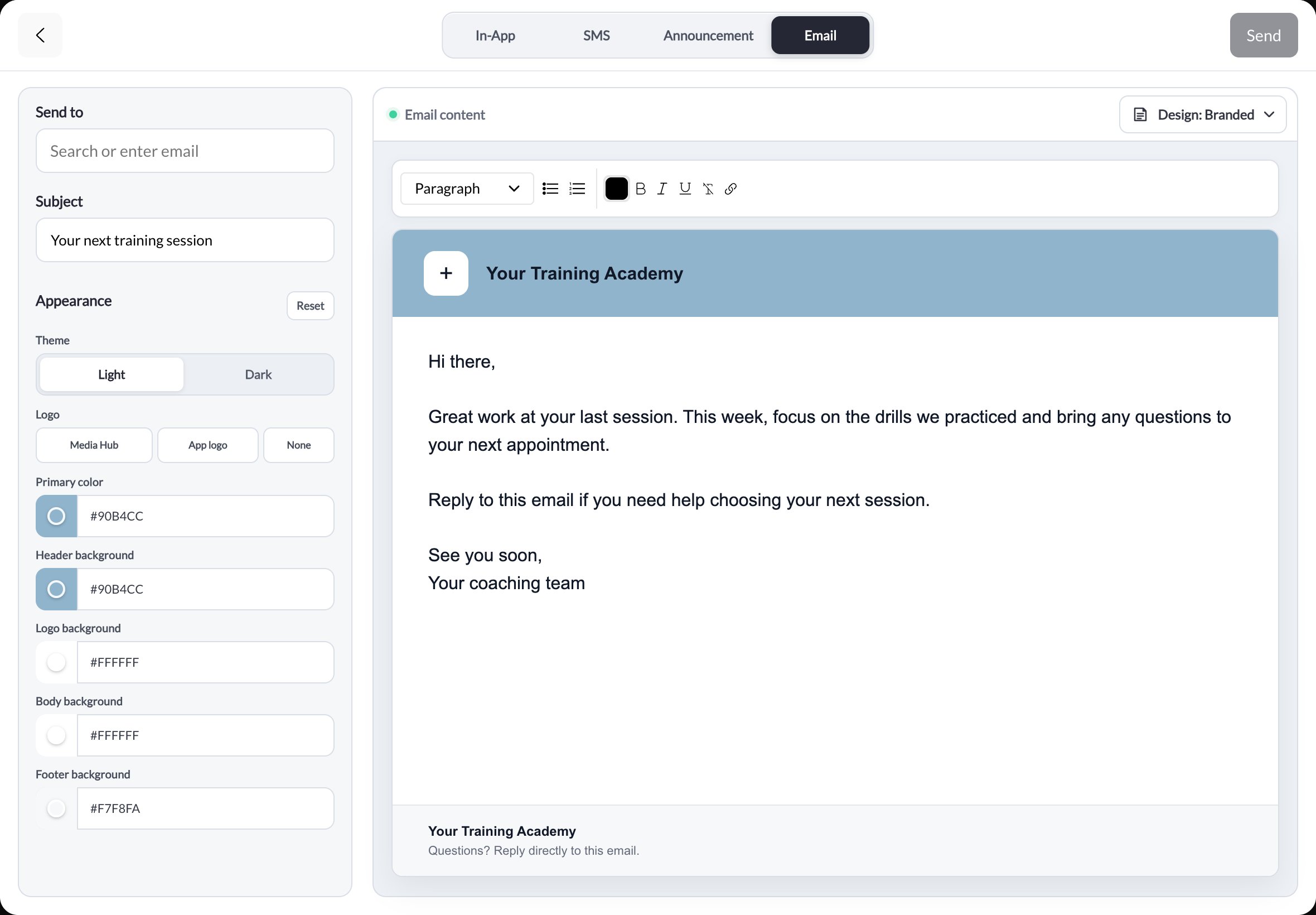 CoachIQ Email composer with Branded selected, subject field, appearance controls, editable header and footer, and a sample session follow-up