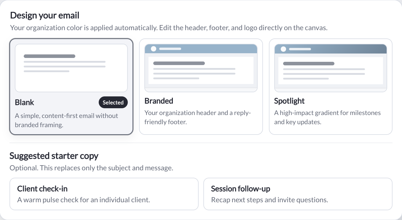 Email design chooser showing Blank, Branded, Spotlight, Client check-in and Session follow-up