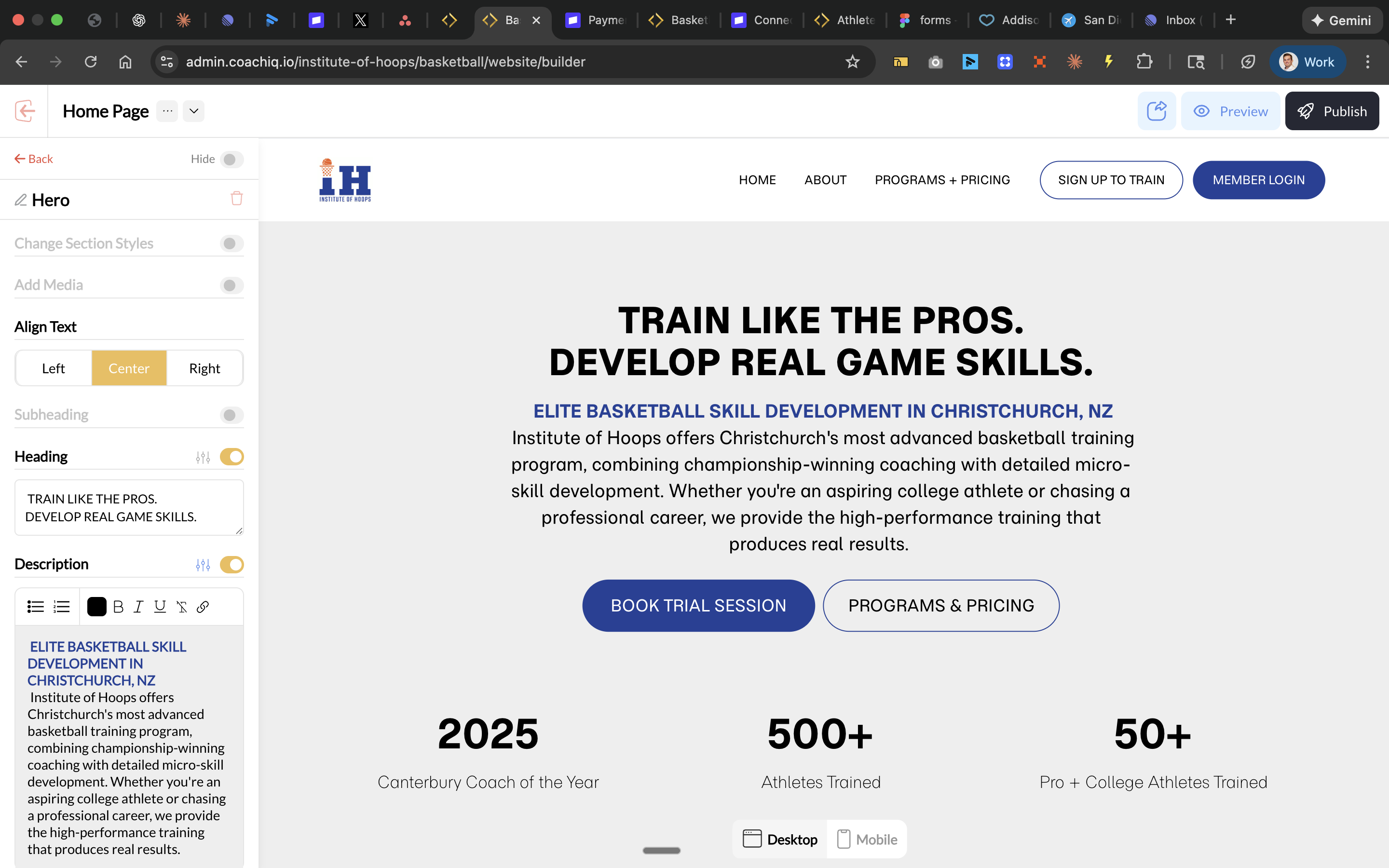 Website builder hero section editing