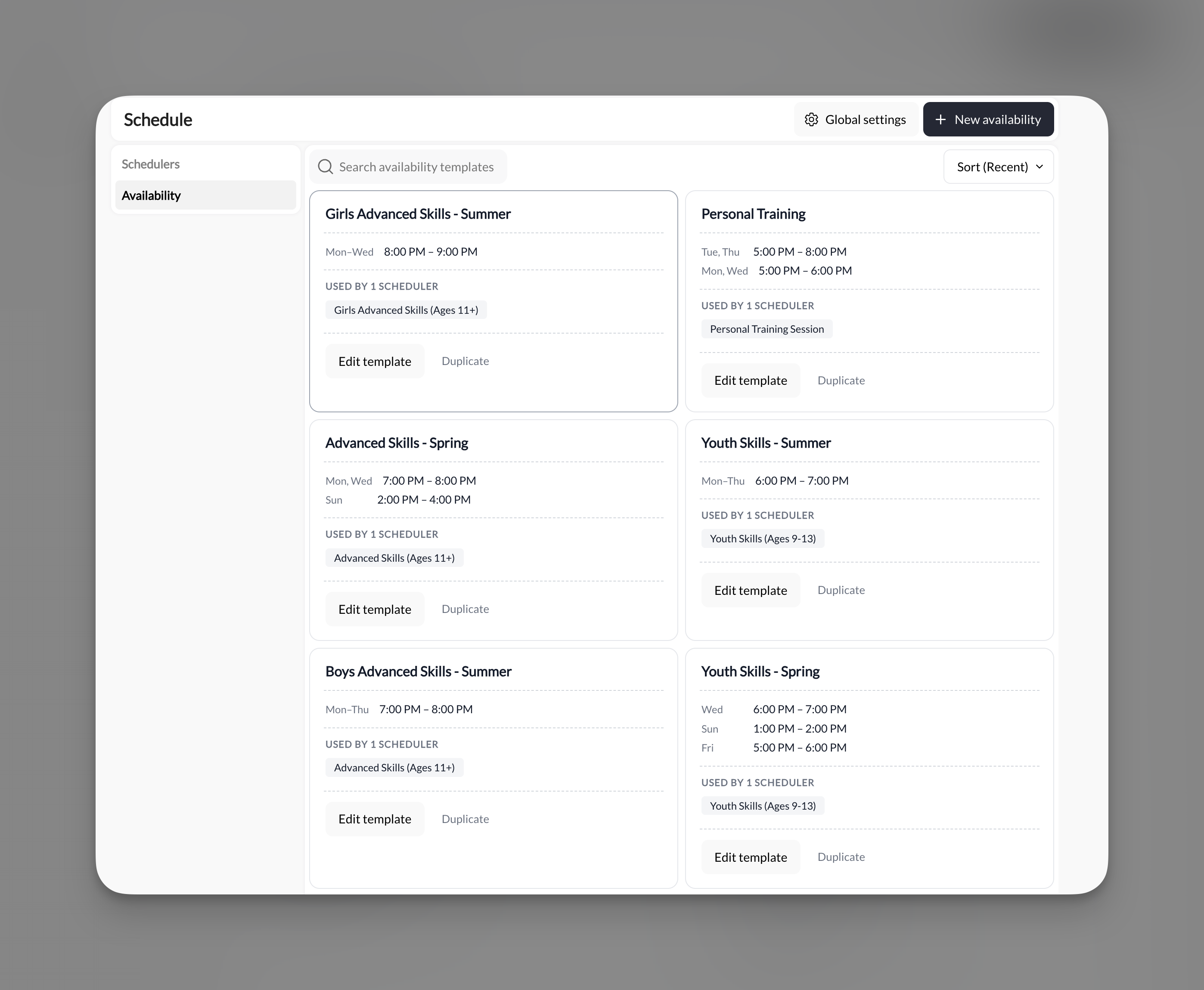 Schedule Availability tab showing availability templates
