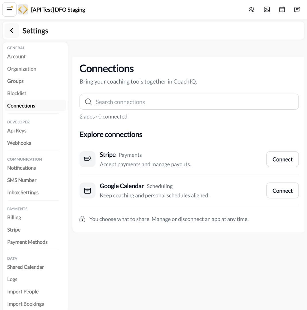 Live CoachIQ Connections settings with Stripe and Google Calendar Connect buttons