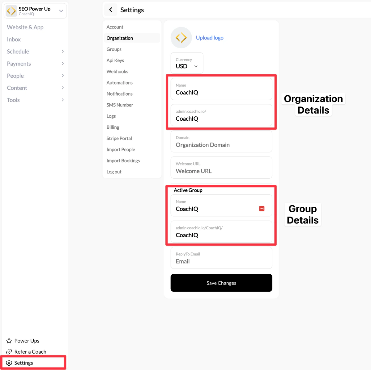 Organization Details and Active Group sections in CoachIQ Settings
