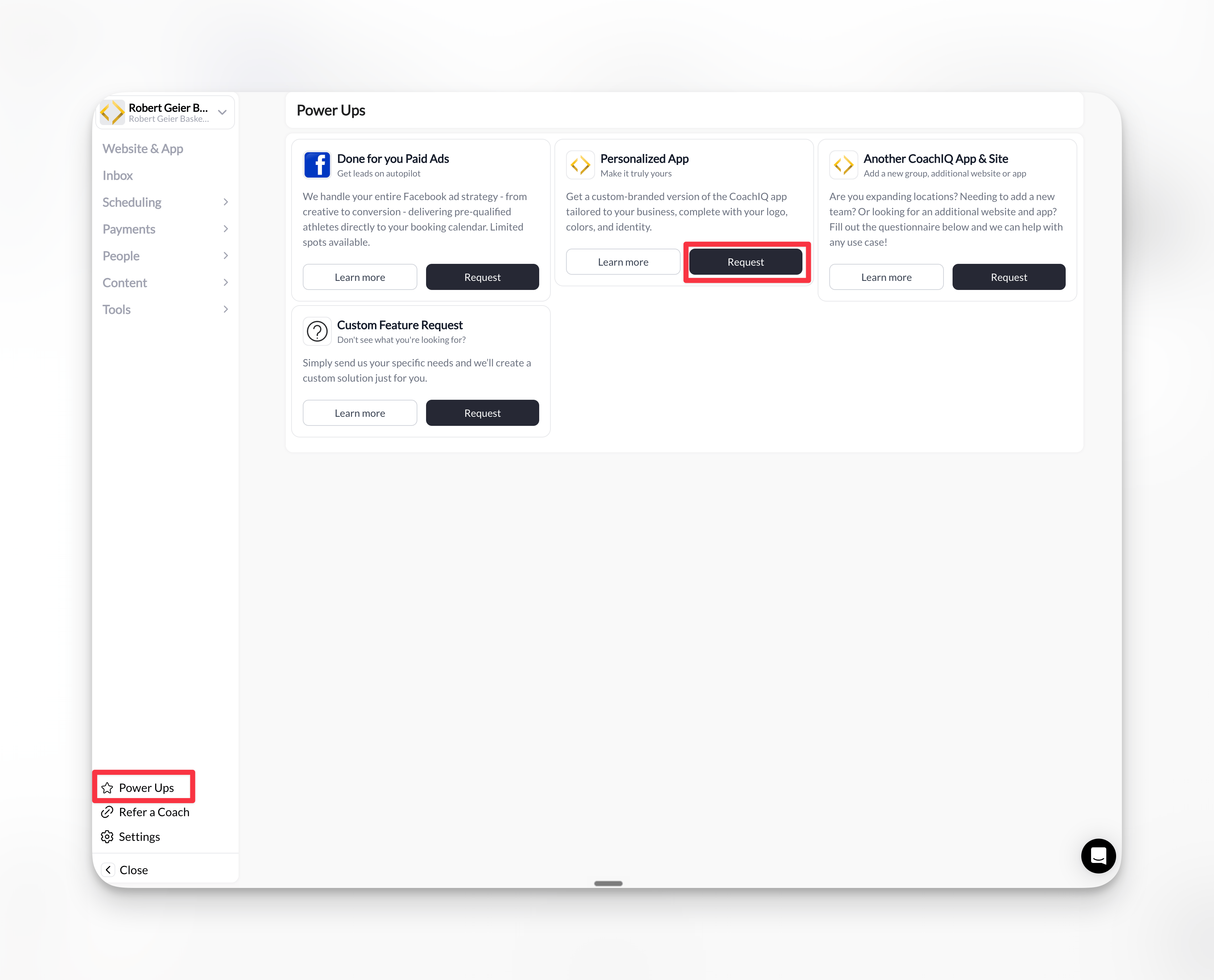 CoachIQ admin Power-Ups page with Personalized App Request button highlighted