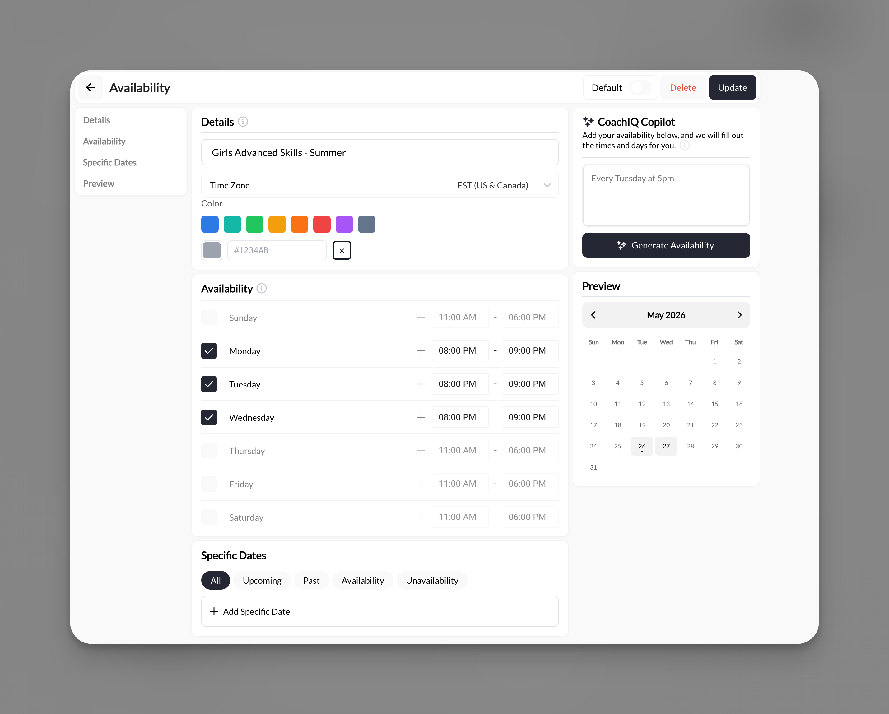 CoachIQ availability schedule showing selected days with time ranges