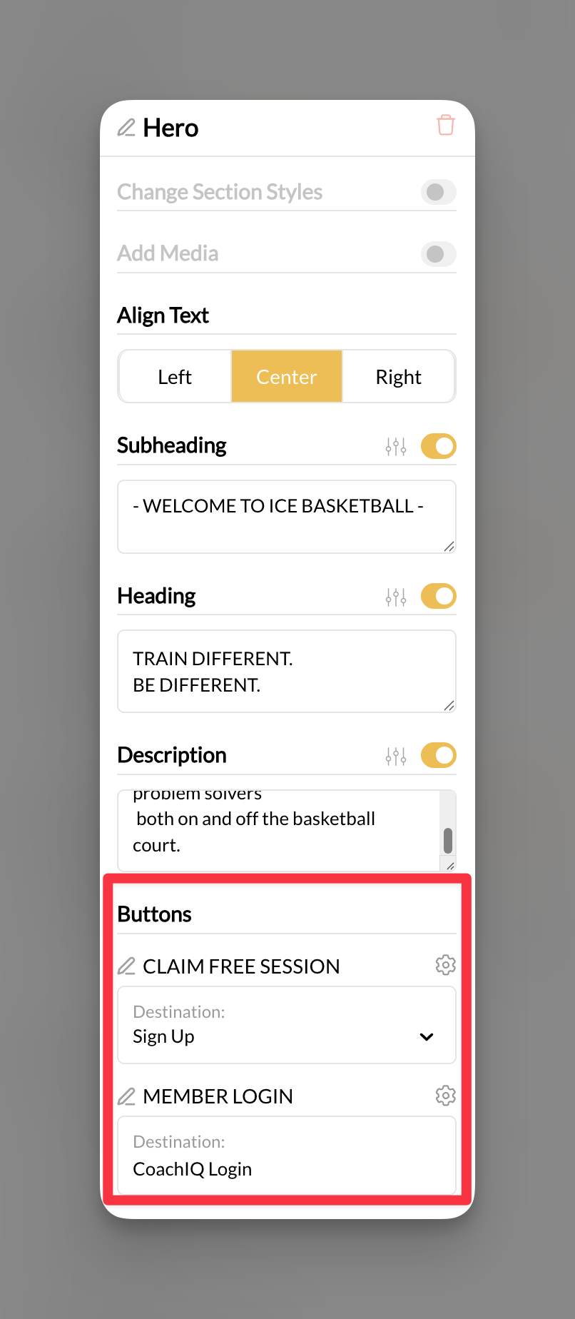 Section buttons management panel