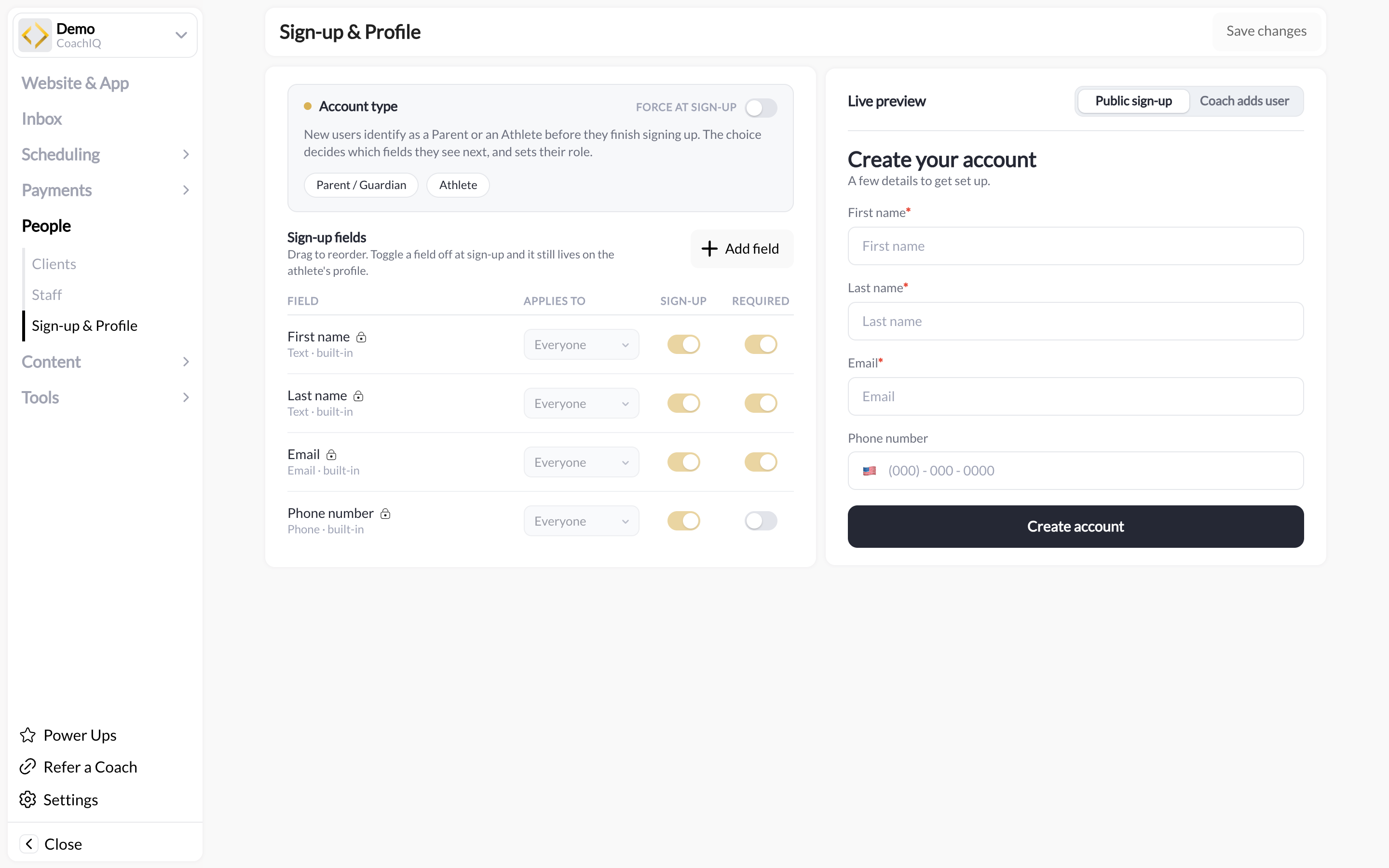 People › Sign-up & Profile: Account type, Sign-up fields table, and Live preview