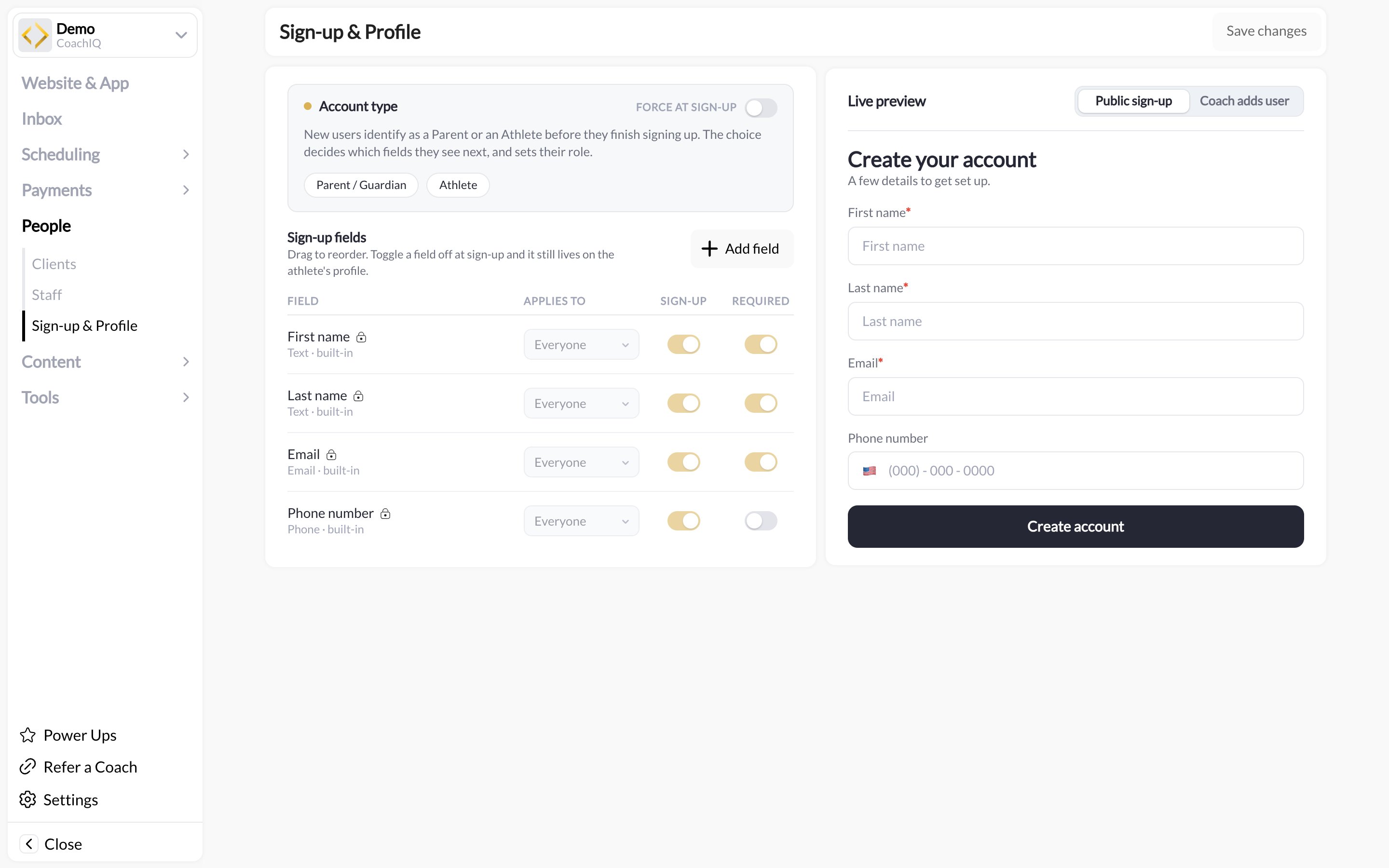 People › Sign-up & Profile: Account type, Sign-up fields table, and Live preview