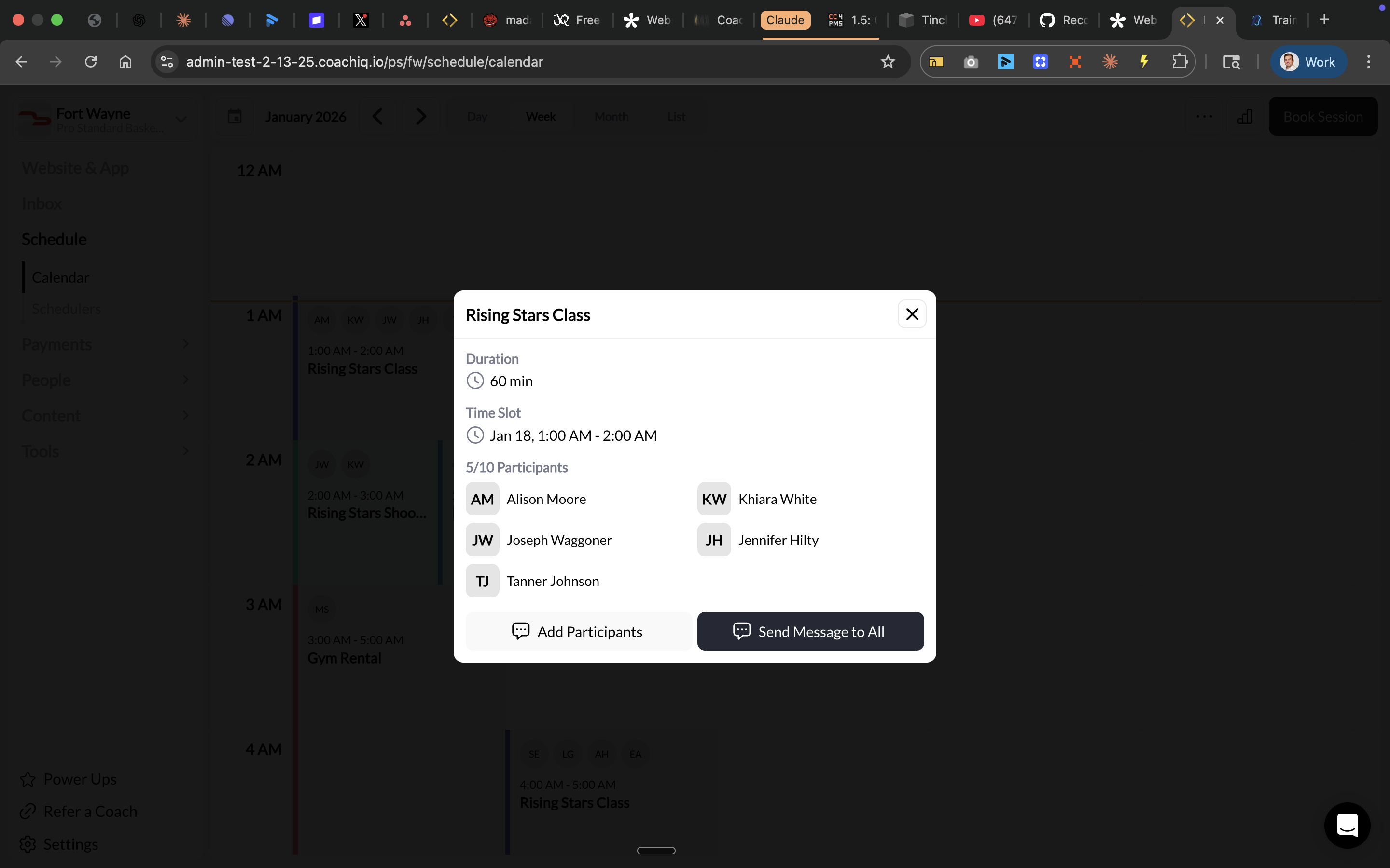 Session detail modal showing booking information and participants