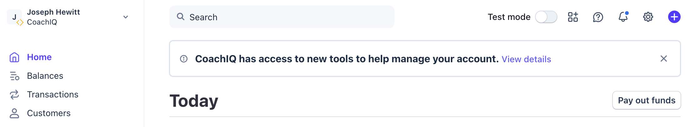Stripe dashboard showing CoachIQ has access banner