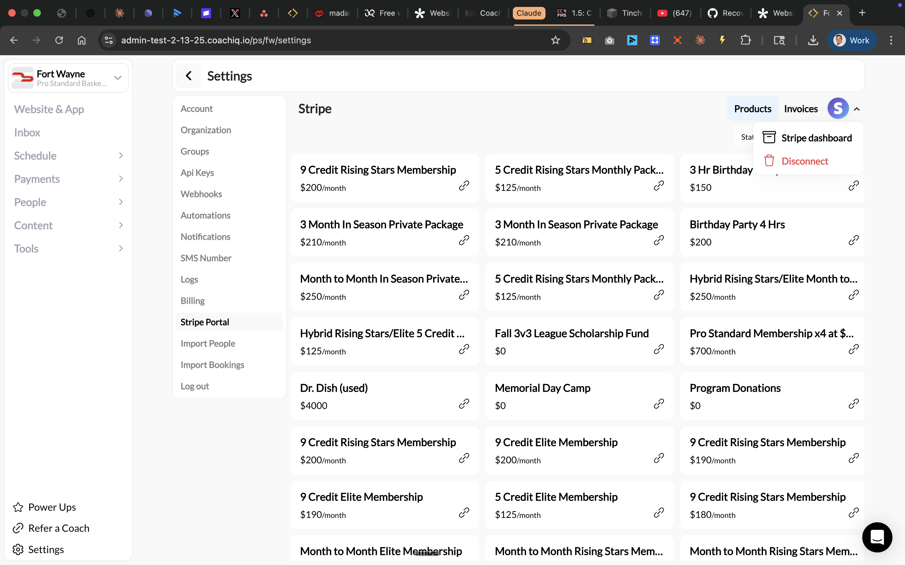 Stripe Portal page with Disconnect button
