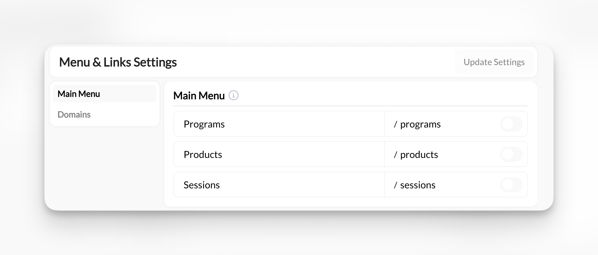 Menu & Links Settings panel showing Programs, Products, and Sessions toggles