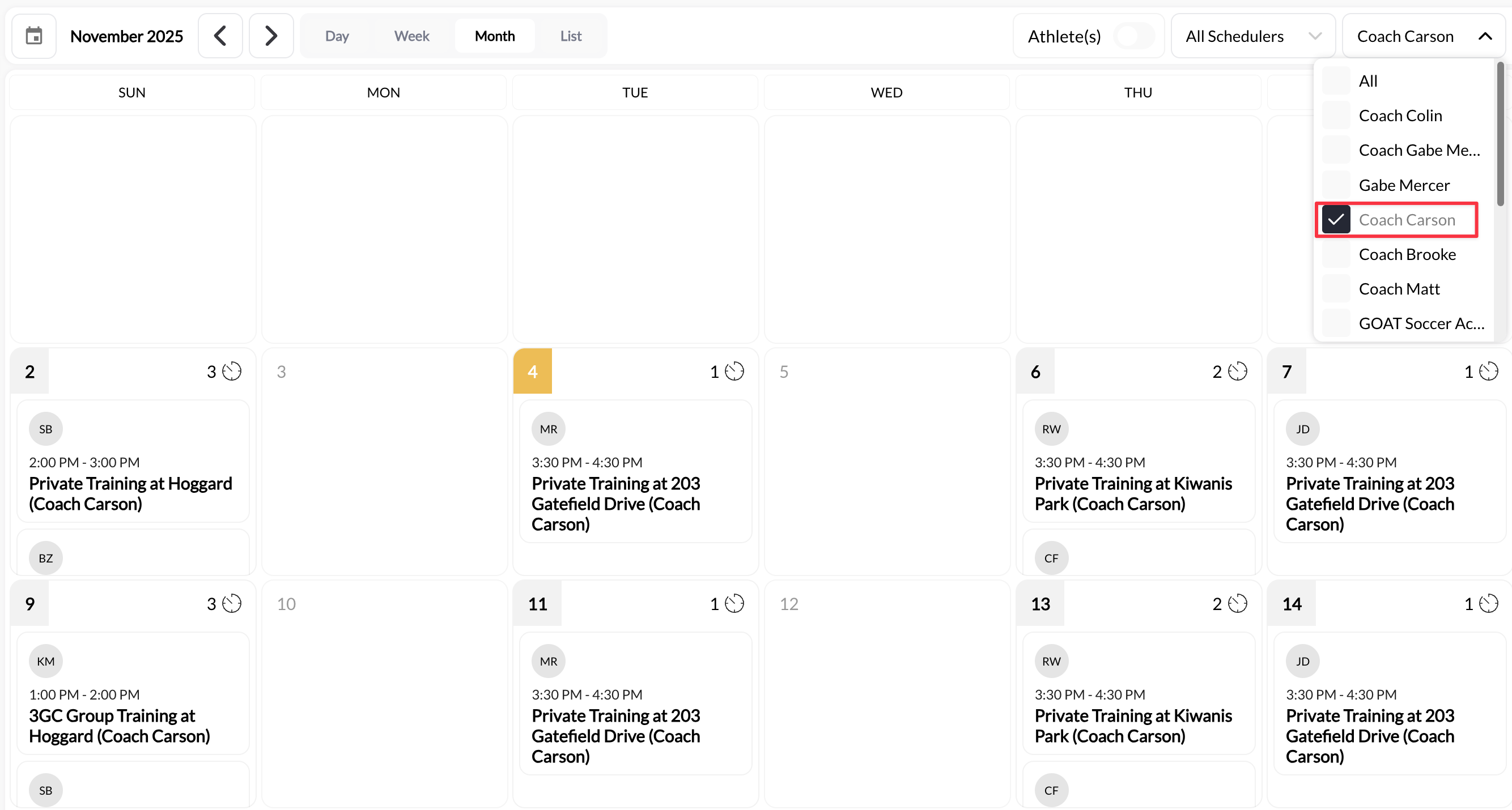 Calendar filtered to show specific coach's bookings