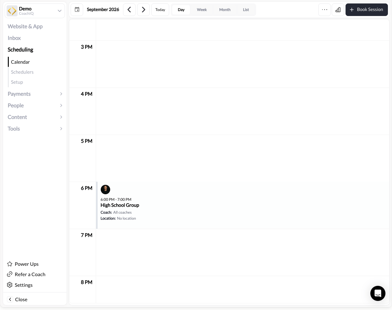 CoachIQ calendar day view showing hourly session grid with participant initials