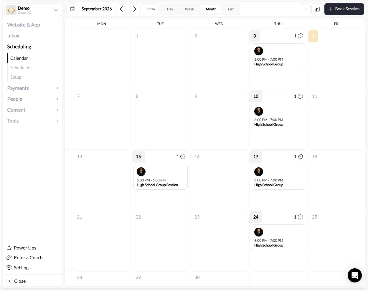 Calendar showing scheduler availability and test booking