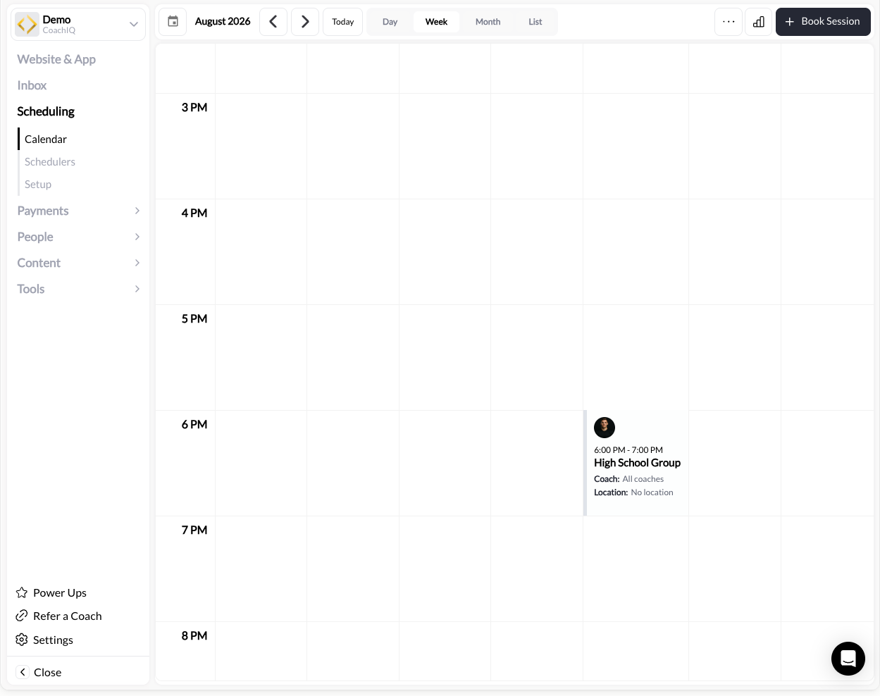 CoachIQ calendar week view displaying seven-day session grid with color-coded bookings
