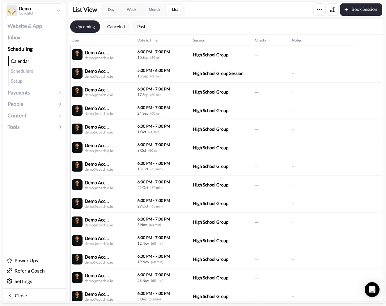 CoachIQ calendar list view showing upcoming bookings with athlete names and details