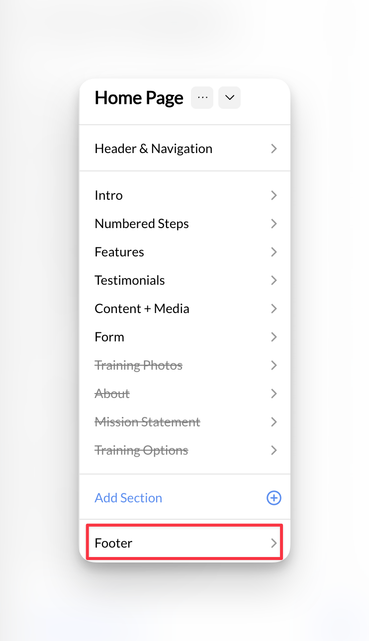 CoachIQ Website Builder footer section with navigation link settings