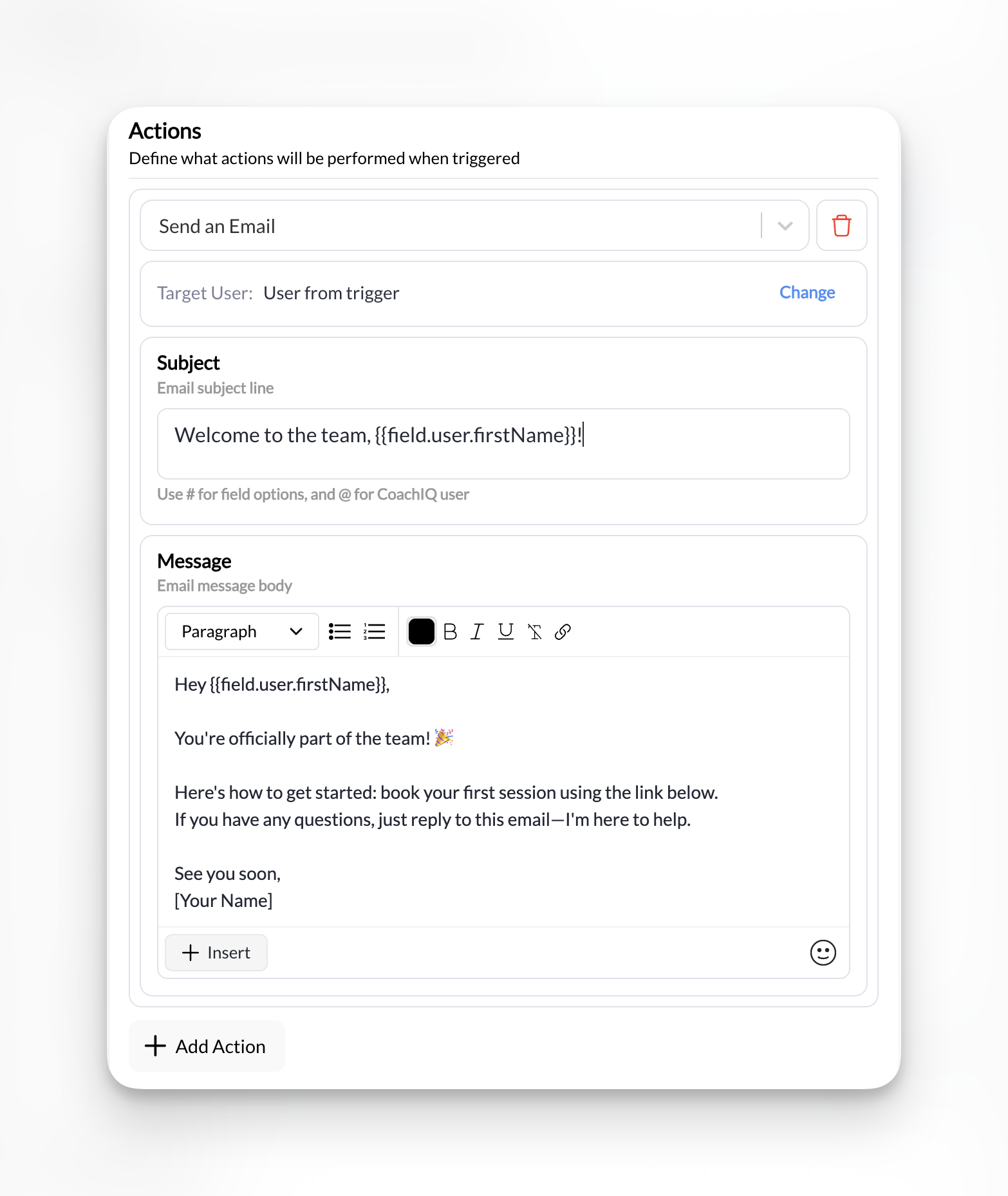 Configuring the send email action