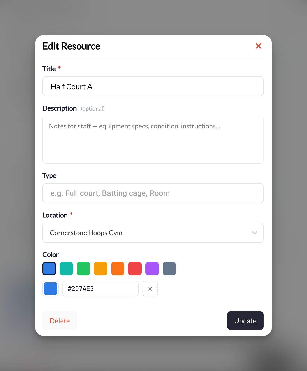 Edit Resource modal with fields for title, description, type, location, and color