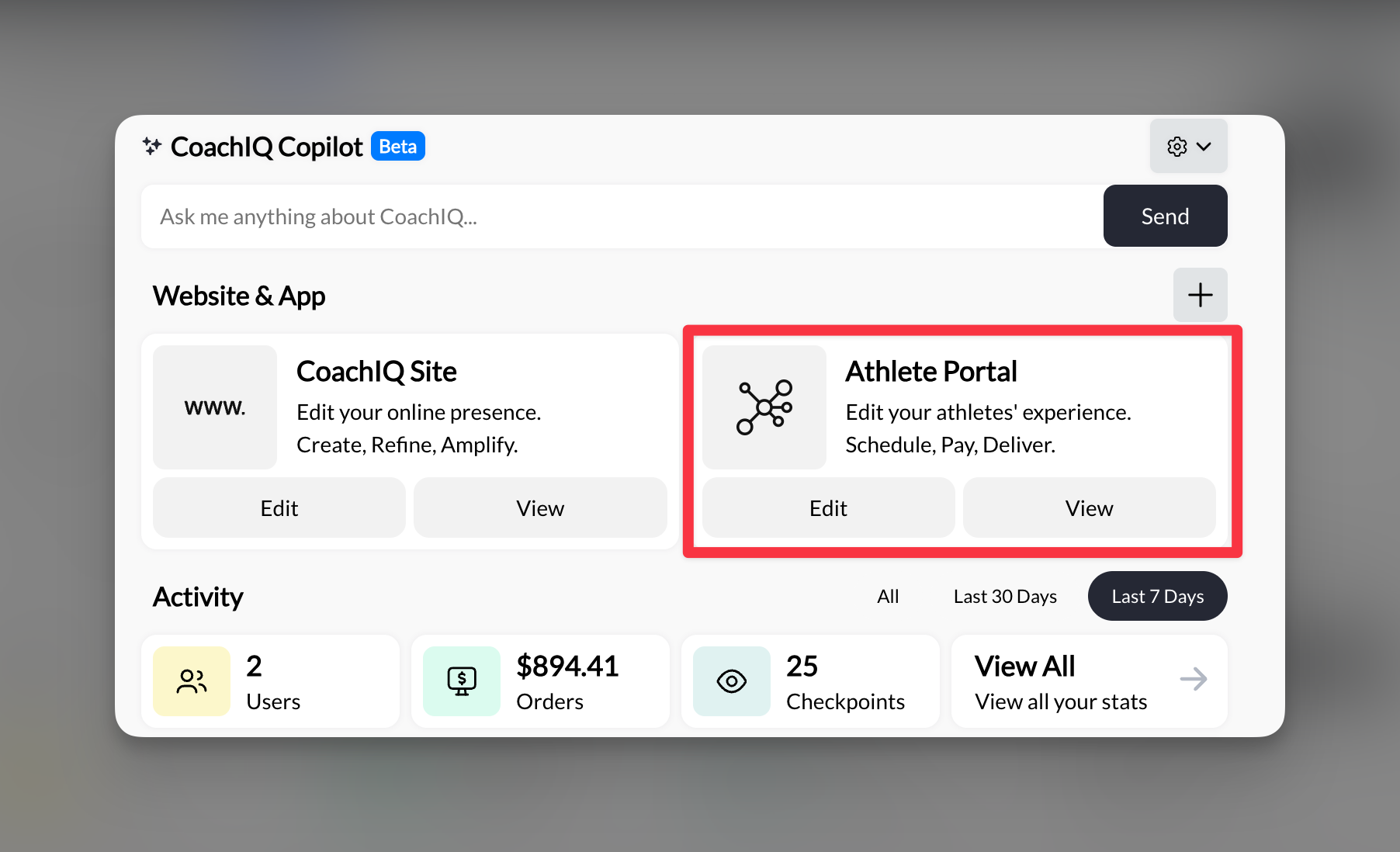 Athlete Portal Dashboard Ex