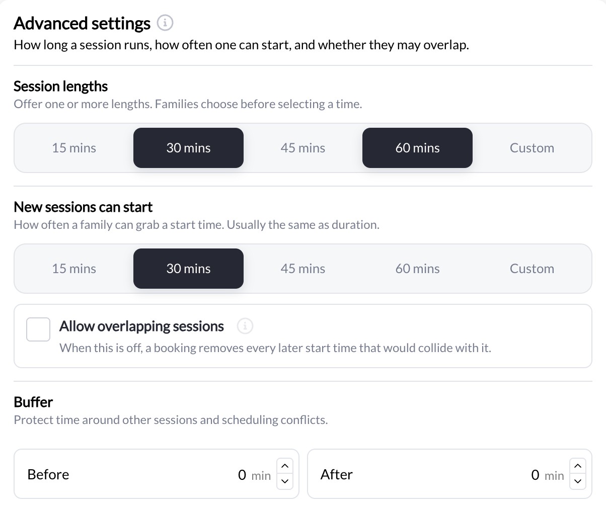 Advanced settings with Session lengths, New sessions can start, and Allow overlapping sessions