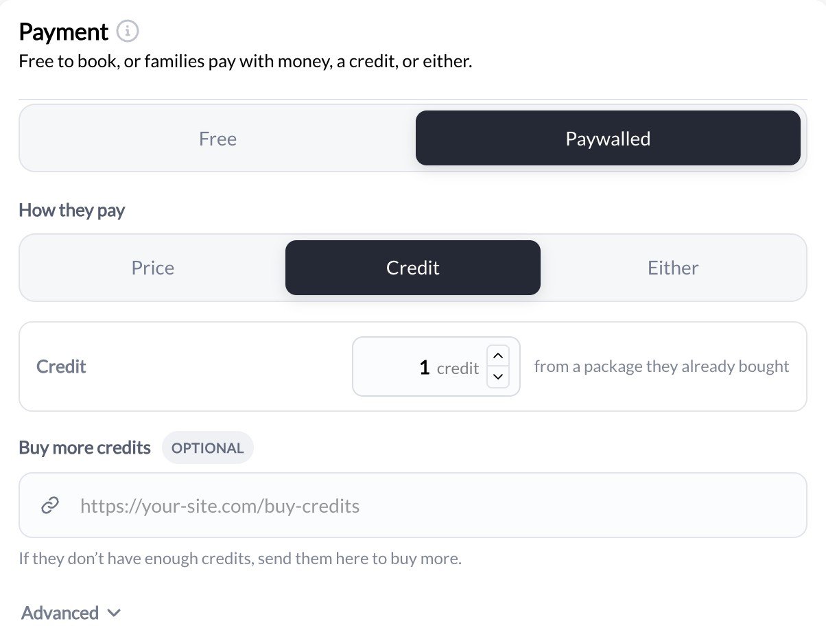 Scheduler Payment section set to Paywalled with the credit option