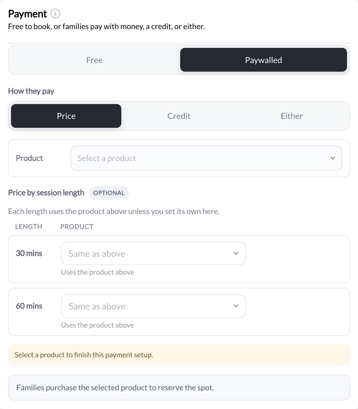 Scheduler payment section with Paywalled and Price selected