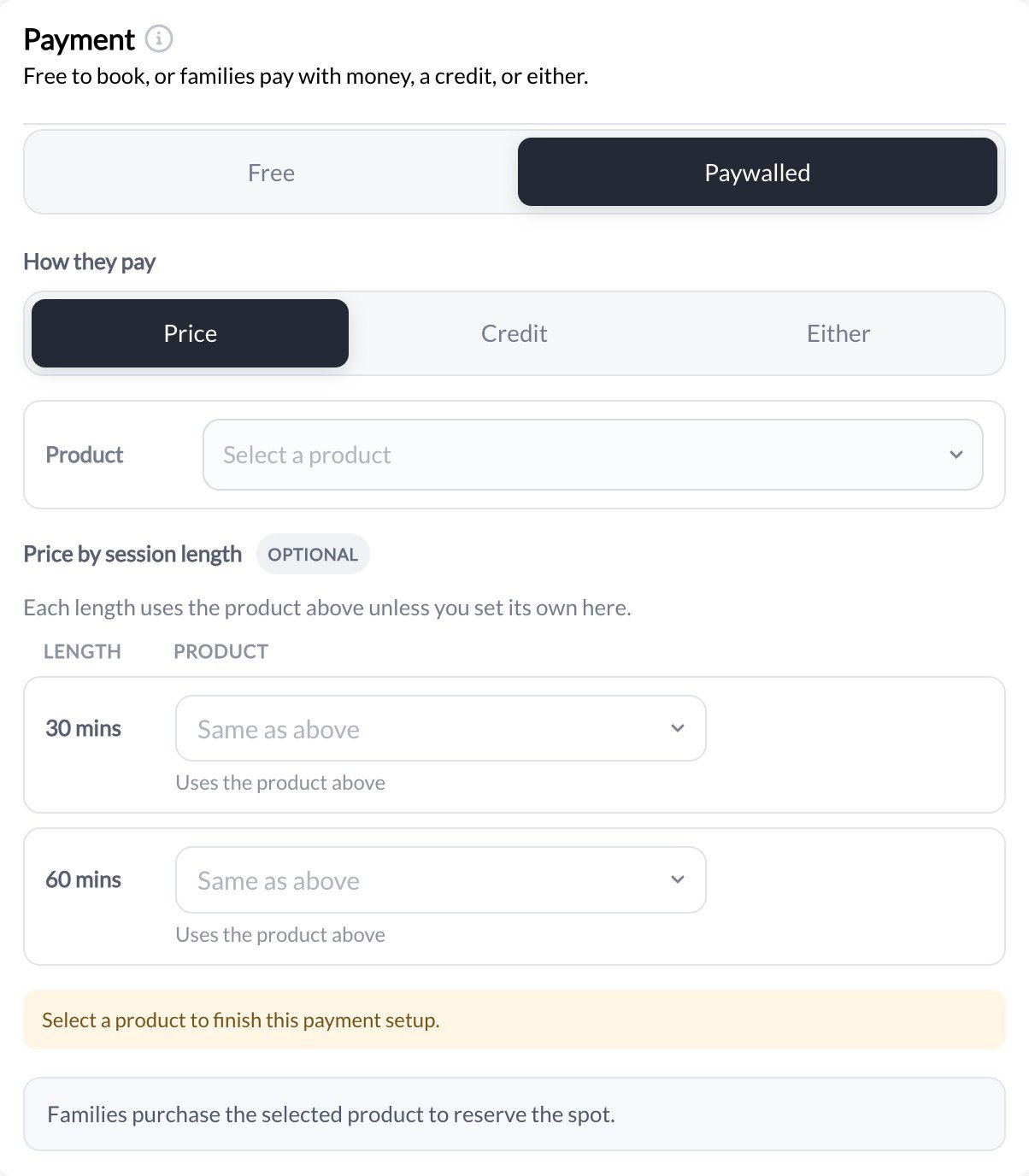 Scheduler payment section with Paywalled and Price selected