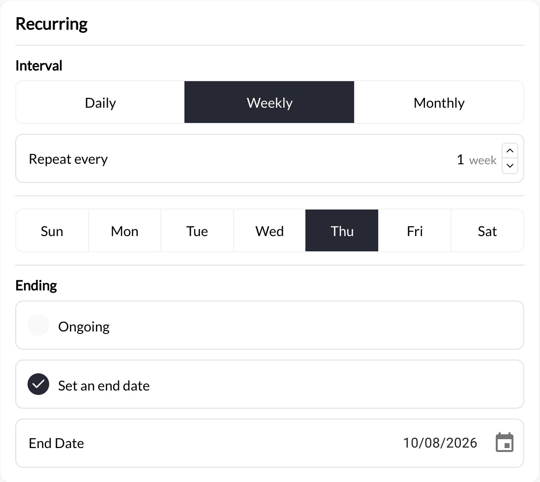Recurring settings with Weekly, Thursday, and Set an end date selected