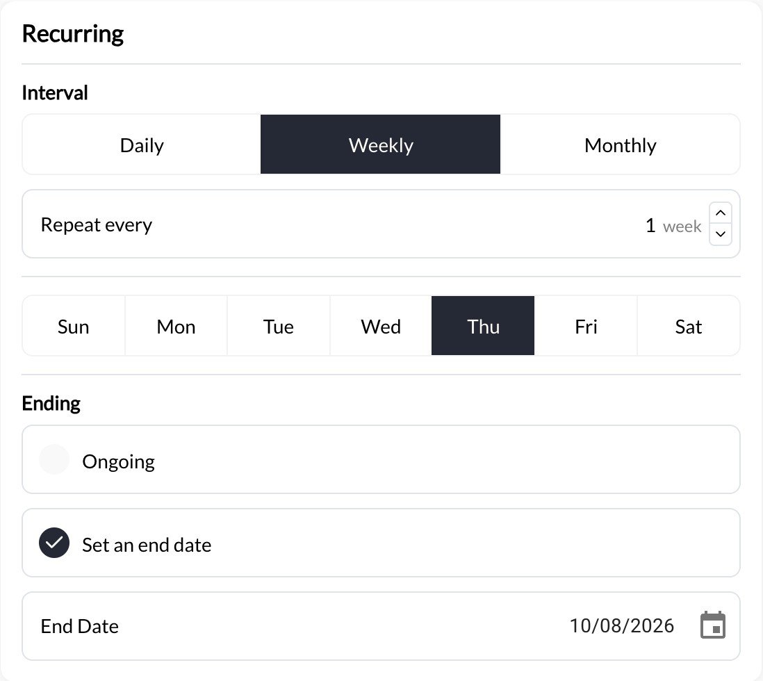 Recurring settings with Weekly, Thursday, and Set an end date selected