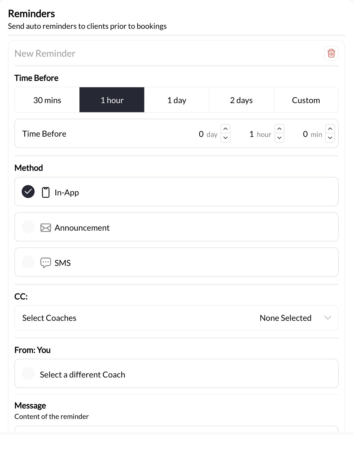 Reminder editor with timing, delivery methods, and coach recipient controls