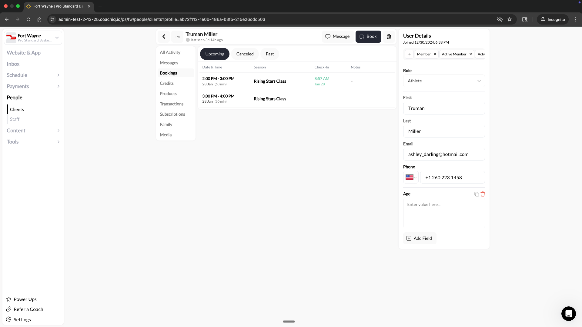 Client profile bookings tab showing check-in timestamps