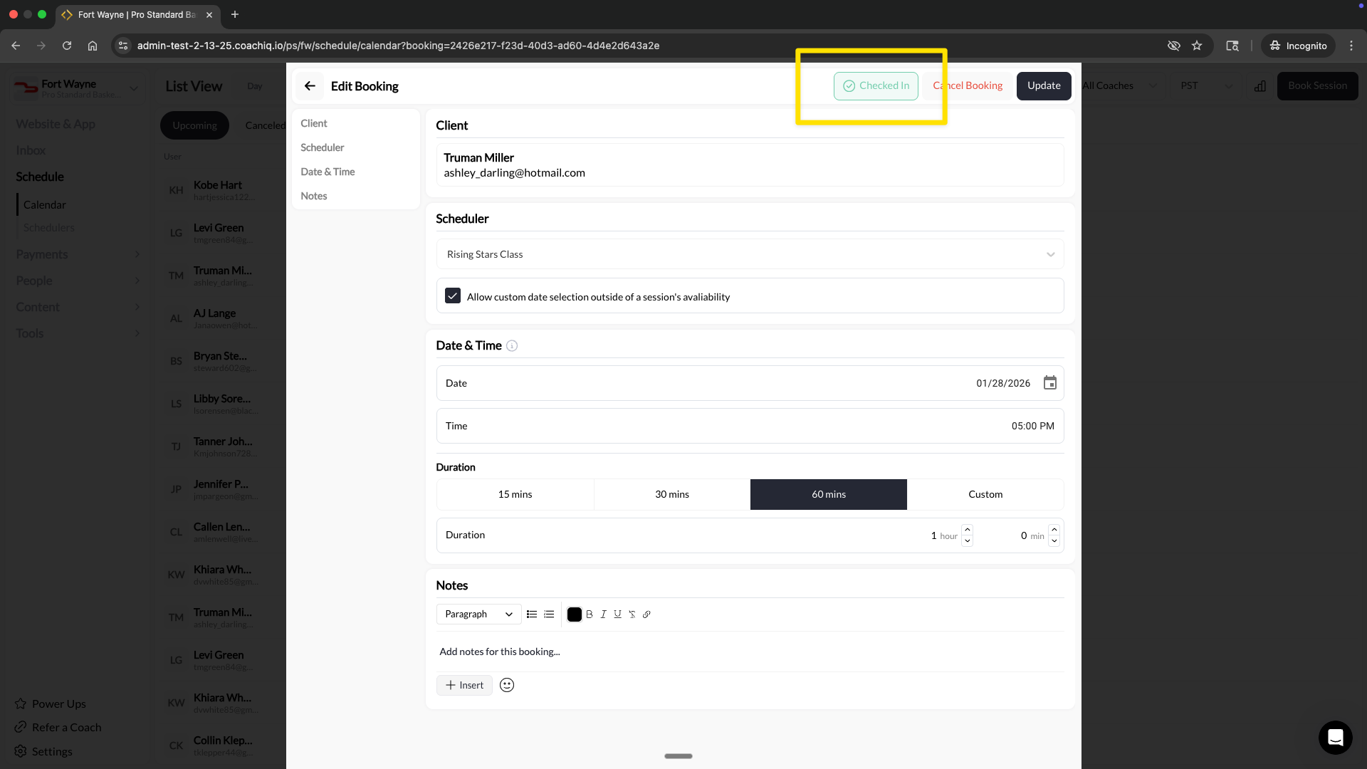 Edit booking page with Checked In button highlighted