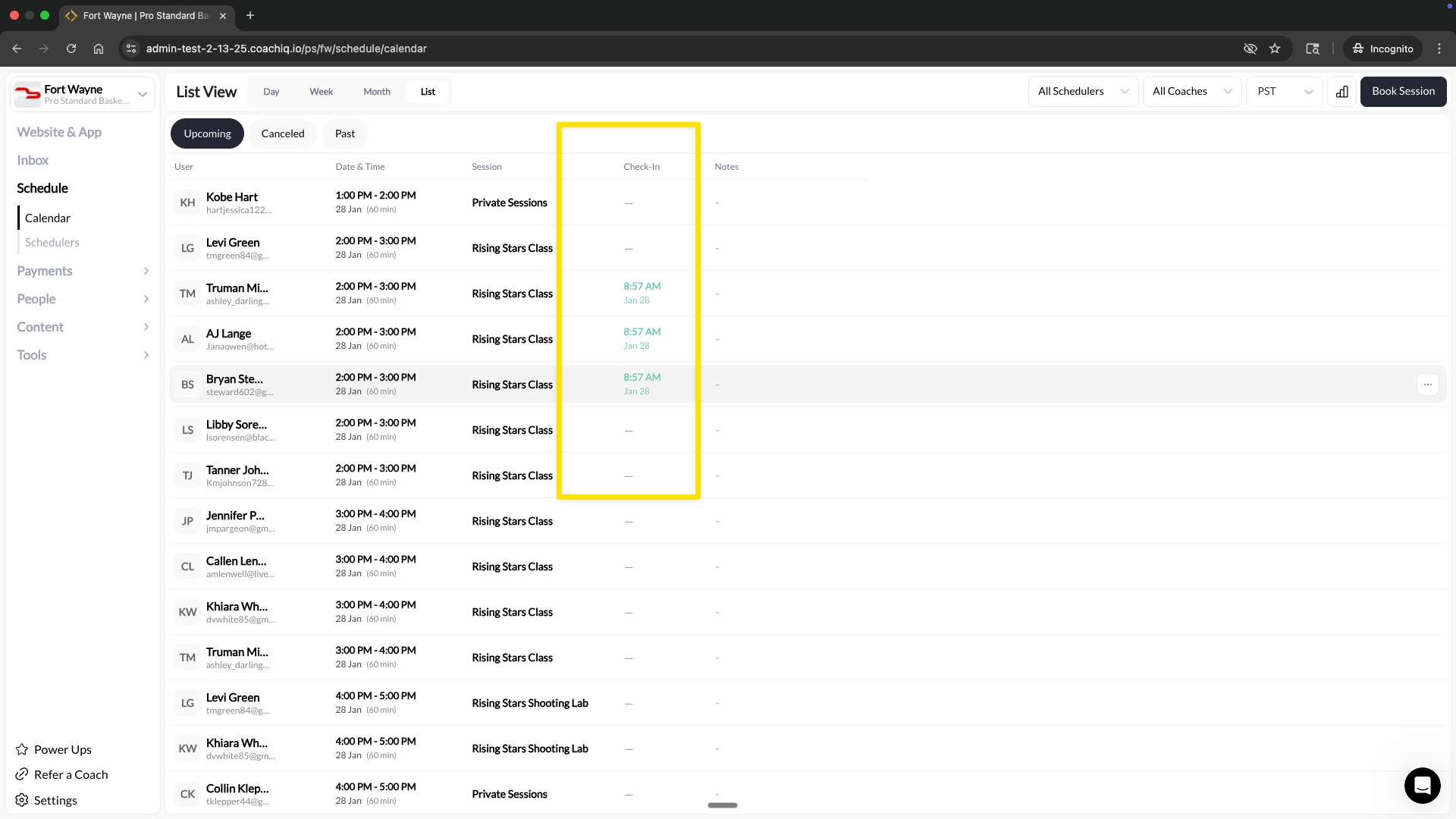 Calendar list view with check-in timestamp column