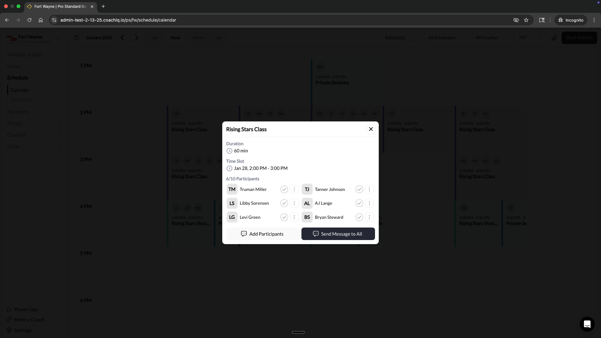 Session modal showing participant list with check-in circles