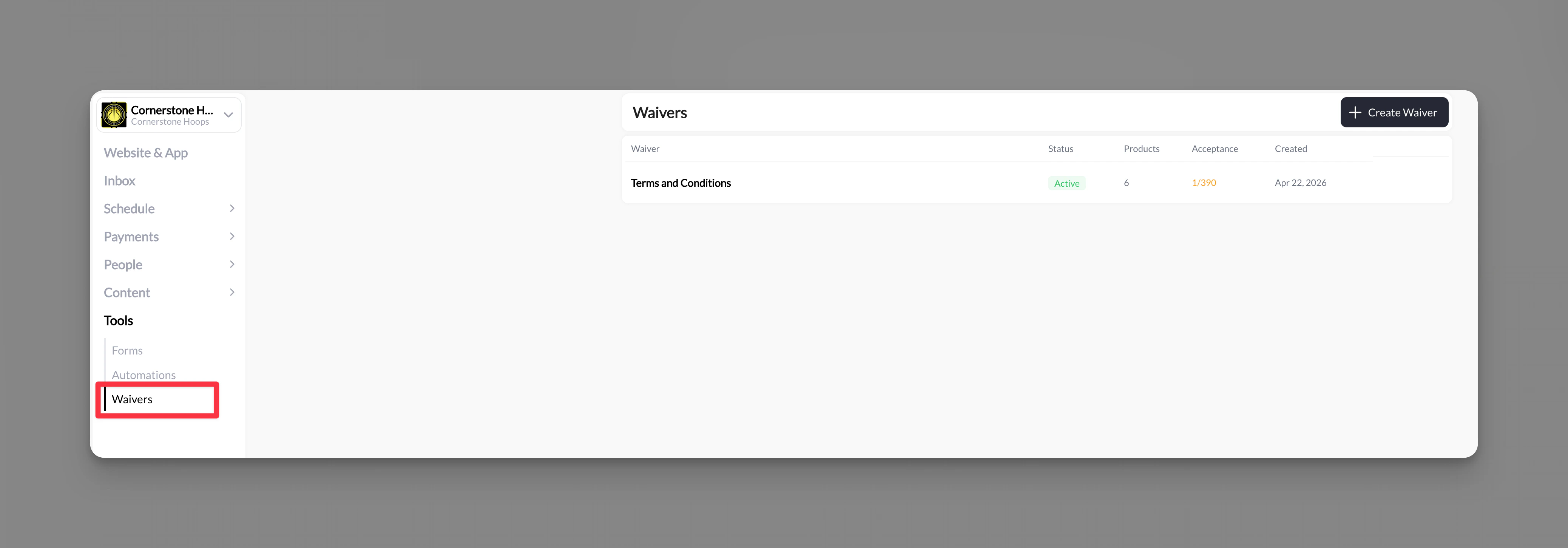 Waivers dashboard showing waiver list with status, linked products, and acceptance count
