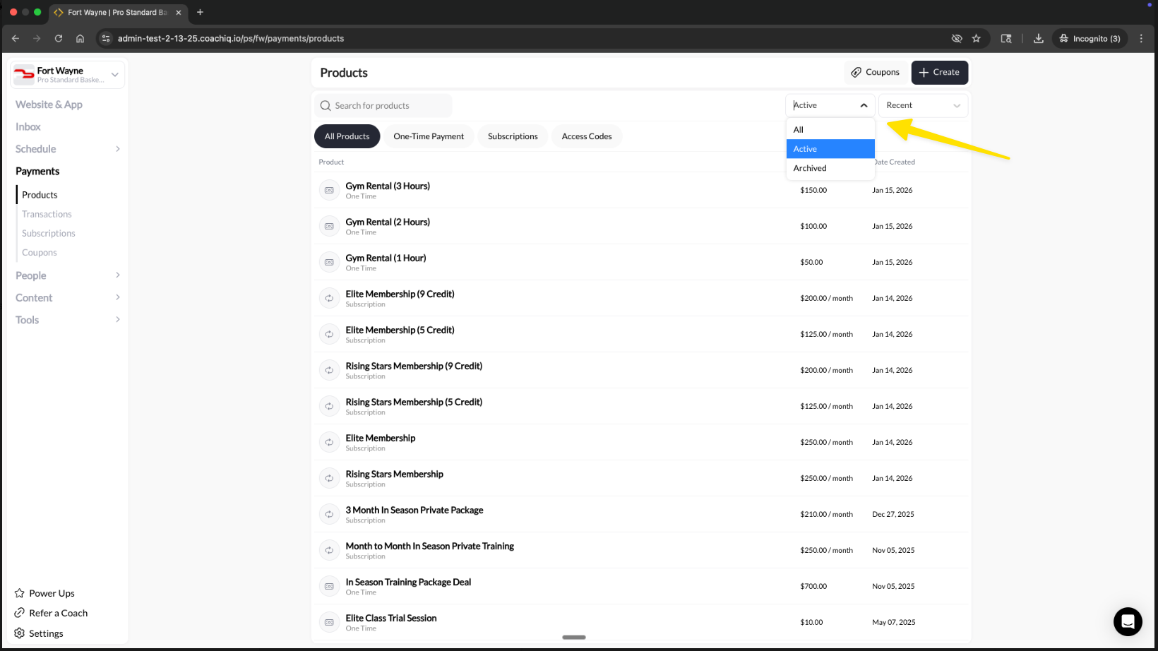 Products page filter dropdown showing Active, Archived, and All options