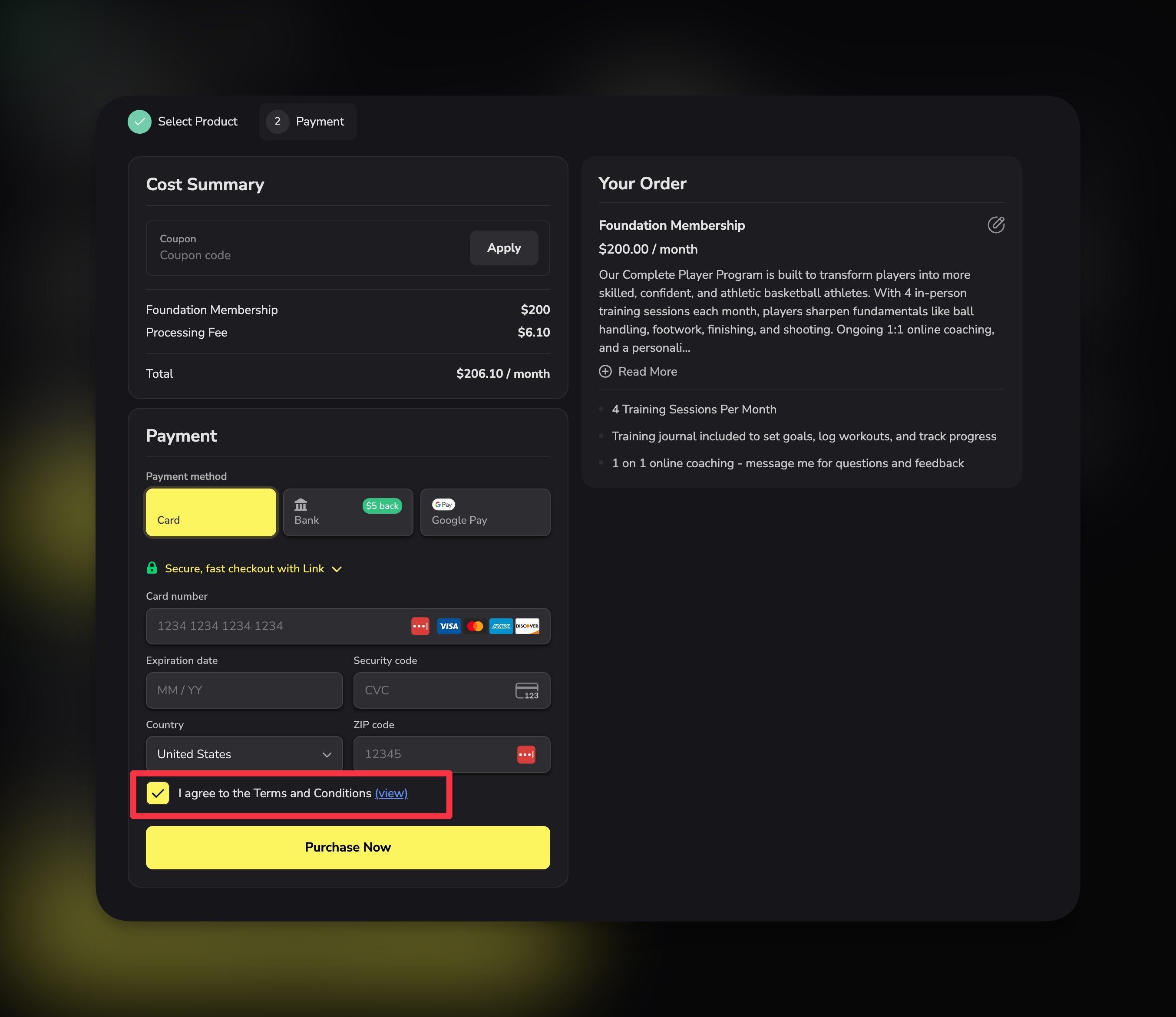 Checkout page showing the mandatory "I agree to the Terms and Conditions (view)" checkbox before purchasing
