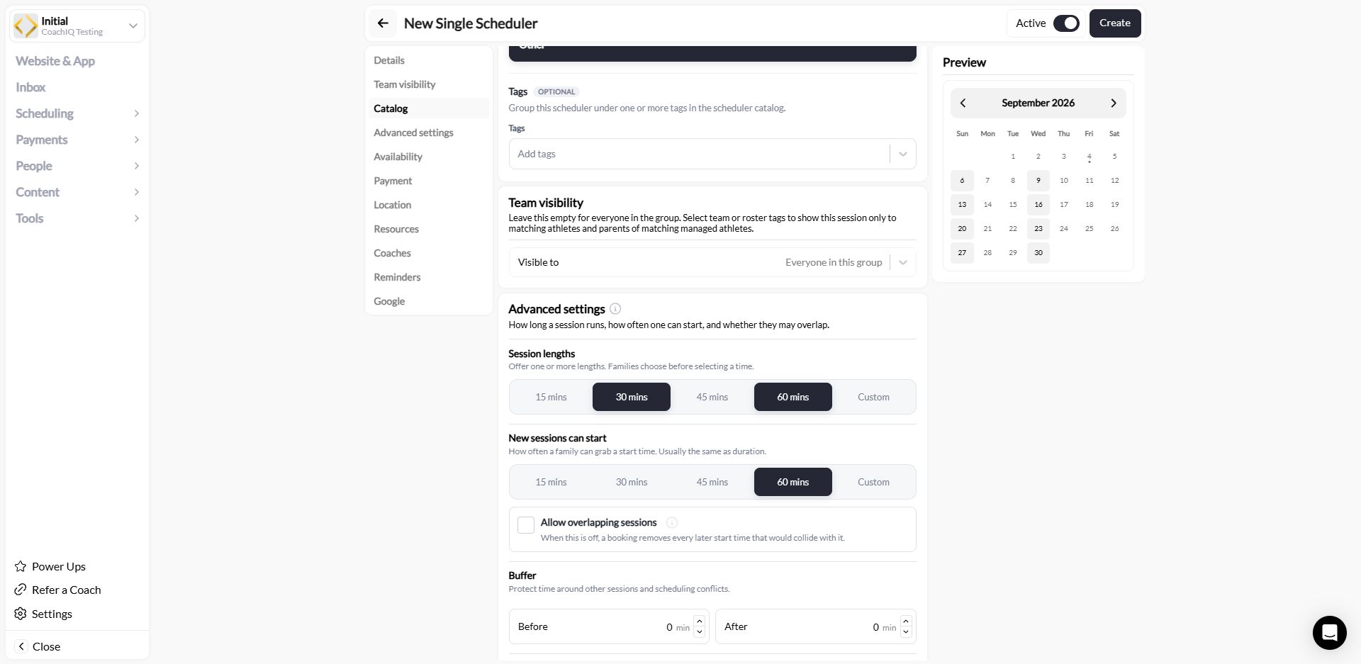 Session lengths with 30 and 60 minutes selected in the scheduler builder