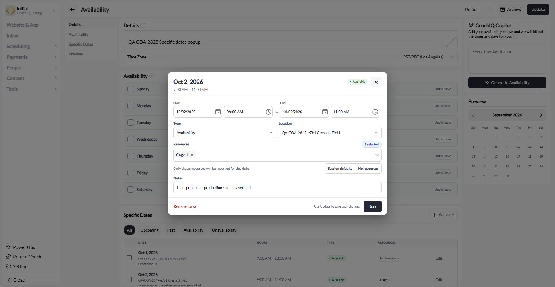 Specific-date editor showing start and end times, location, resources, and Done; Update saves the availability