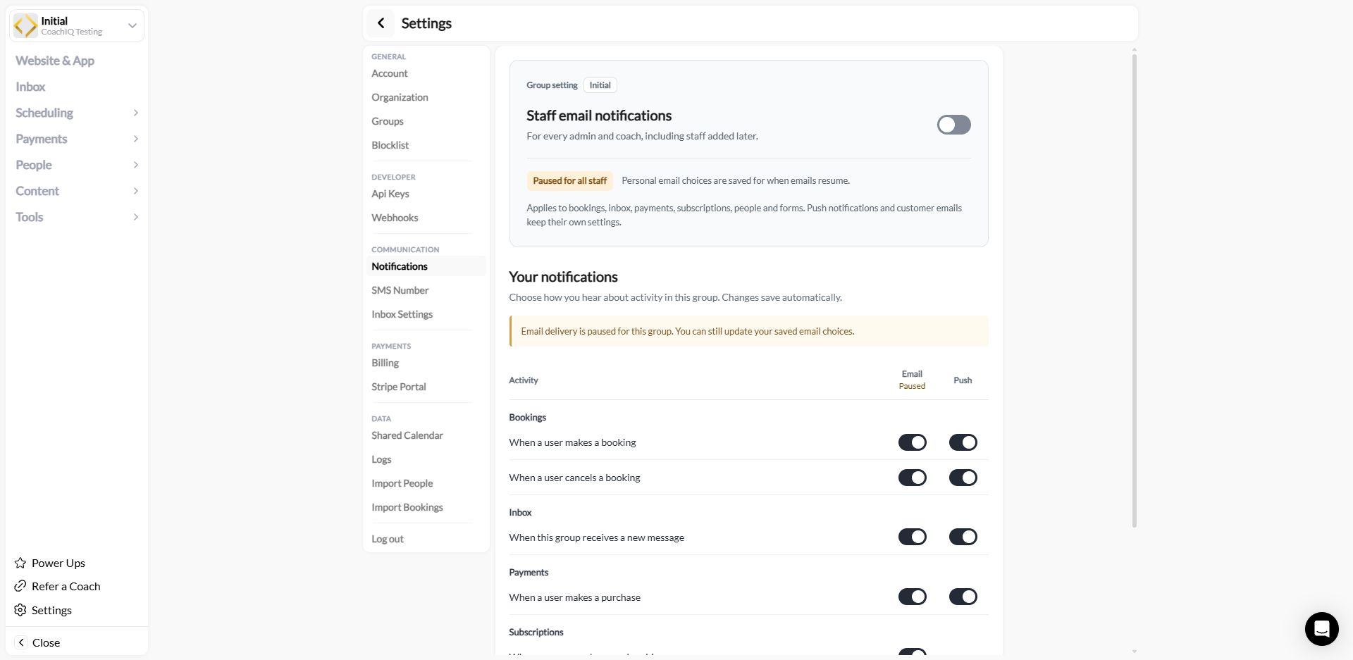 Staff email notifications paused for the selected testing group while personal preferences remain saved