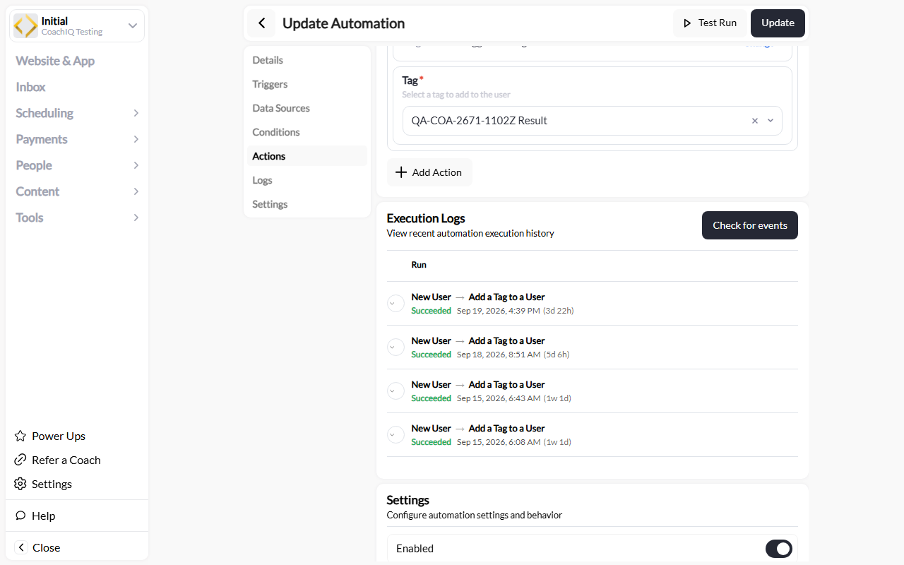 Automation history showing full event and action names, outcome, and time