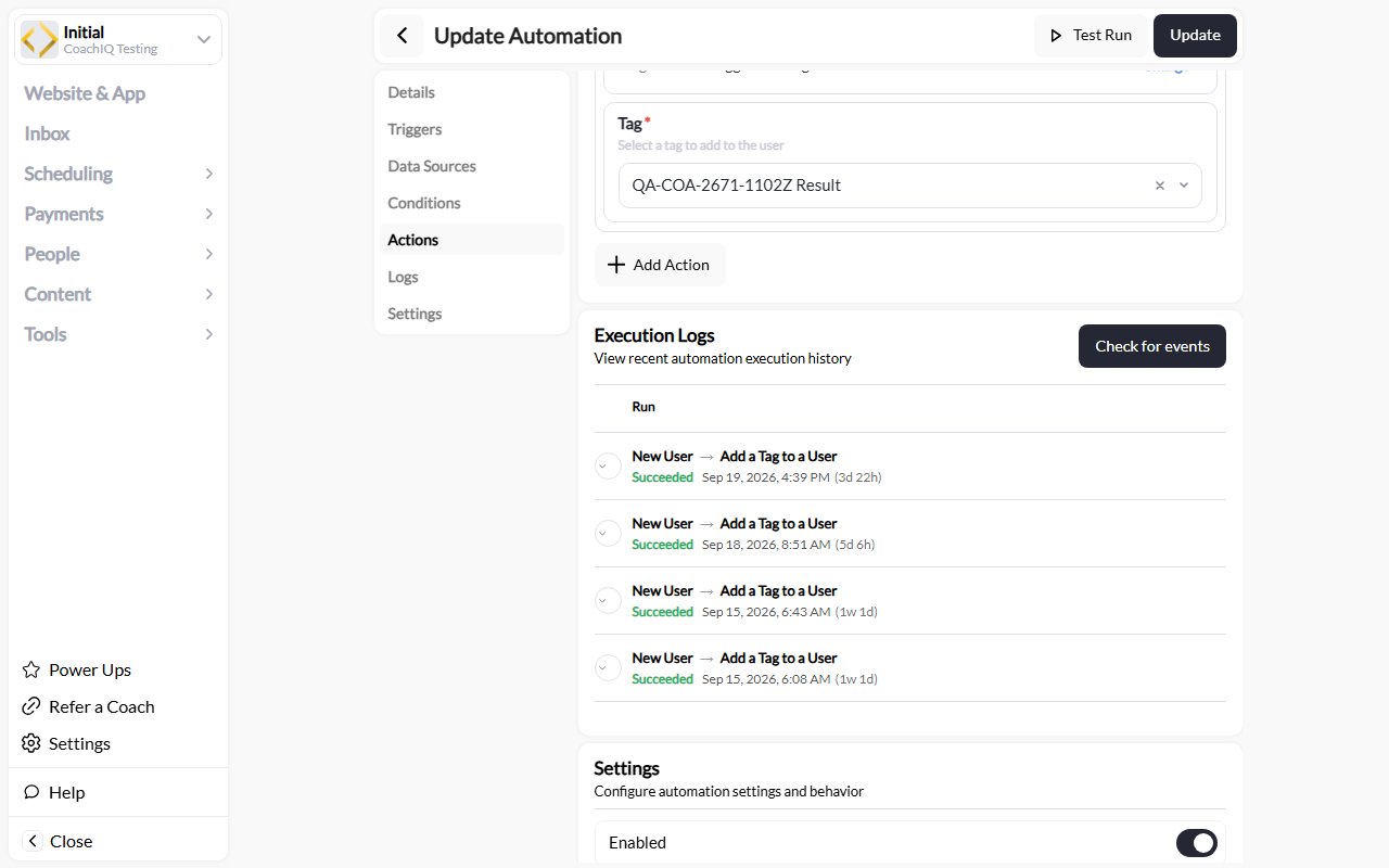 Automation history showing full event and action names, outcome, and time