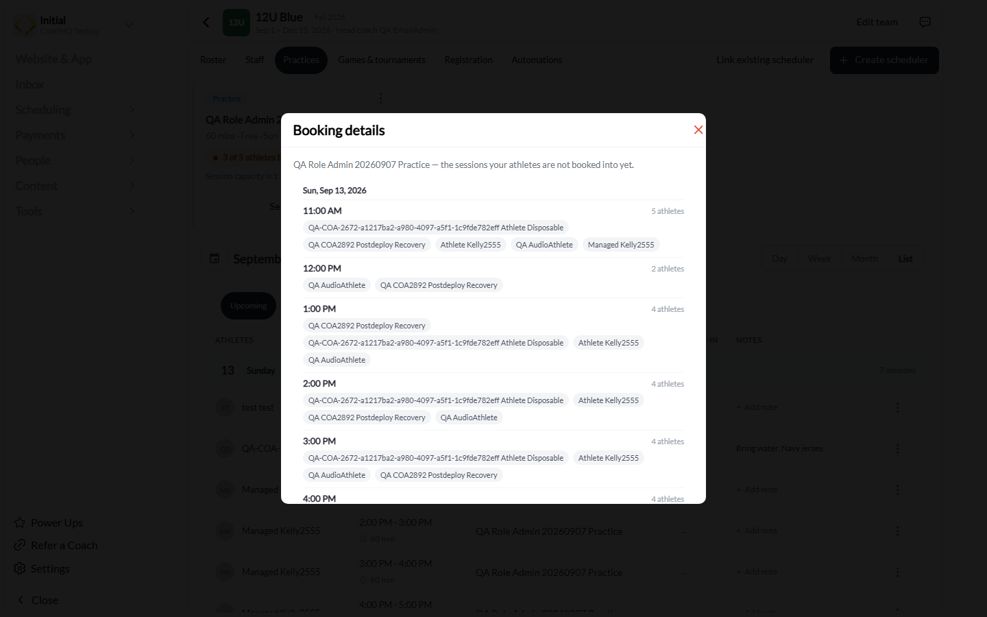 Booking details dialog listing sessions with athletes not yet booked
