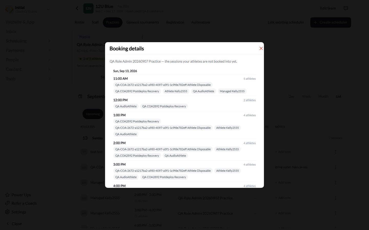 Booking details dialog listing sessions with athletes not yet booked