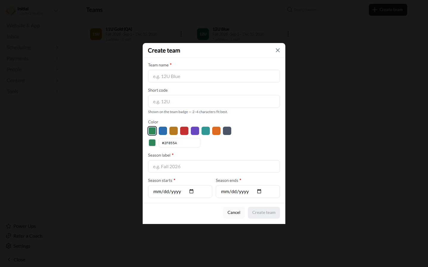 Create team dialog with team name, short code, color, season label, and dates