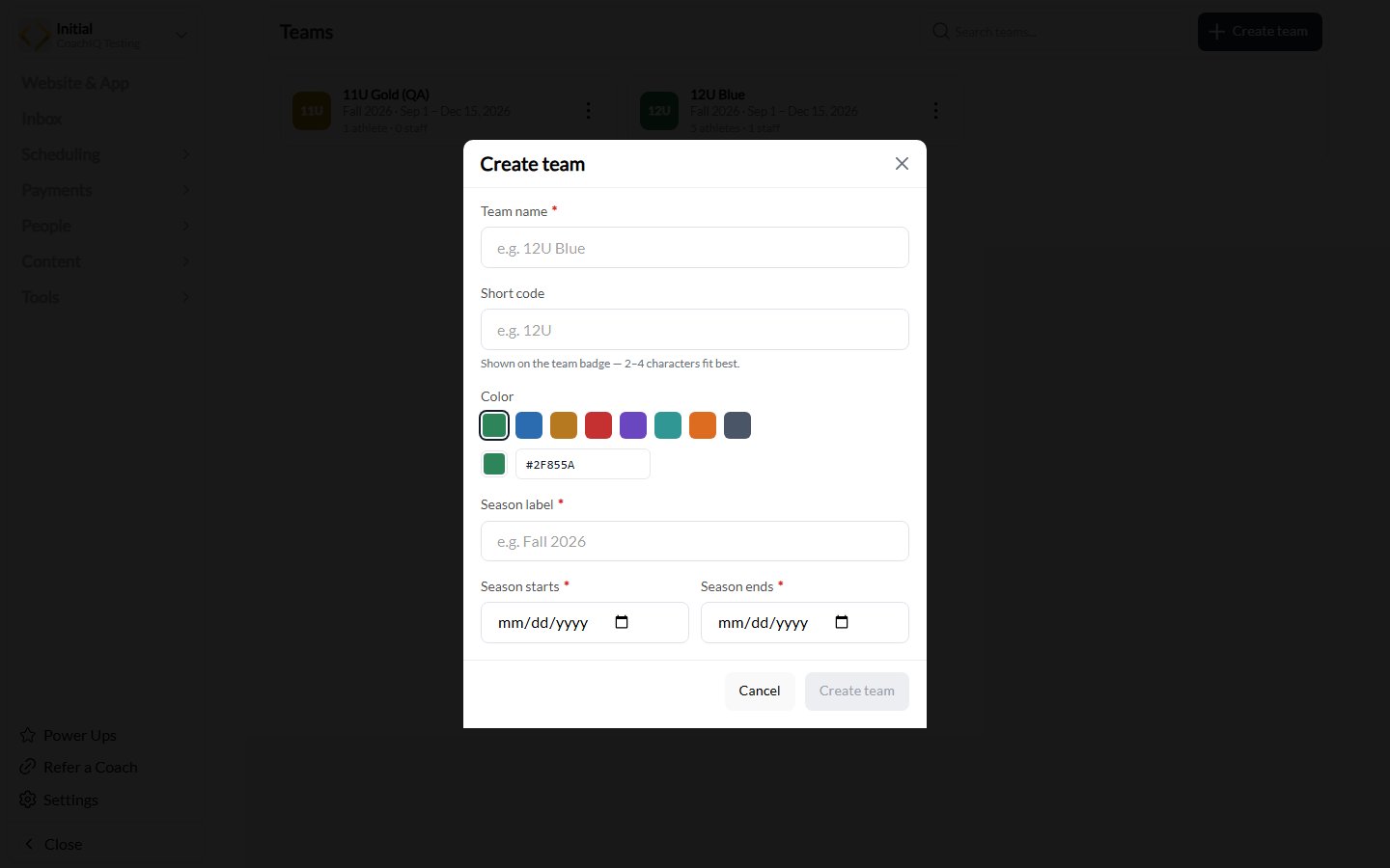 Create team dialog with team name, short code, color, season label, and dates