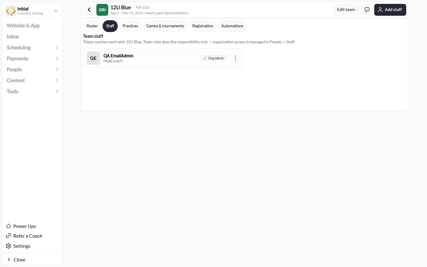 Team Staff tab showing a Head coach responsibility and a separate organization Admin role